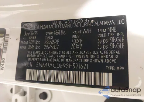 2025 Hyundai Tucson Se z USA, uszkodzony, nr VIN 5NMJACDE9SH591621